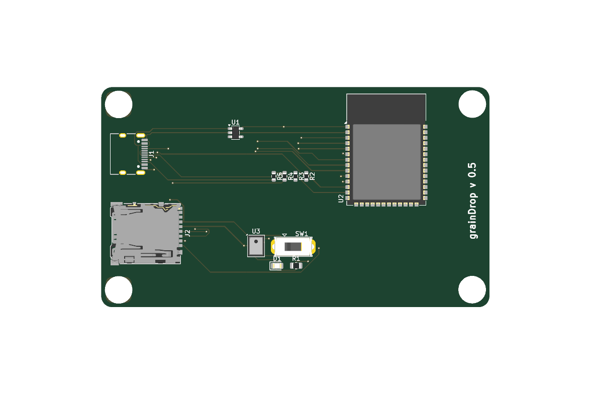 3D render of the assembled board. ESP32-S3 module, USB-C connector, INMP441 MEMS mic, MicroSD slot, slide switch, and indicator LED.